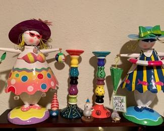 Bobble Sunbathers tin litho, Painted Candle holders