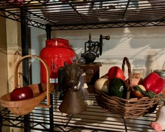 Cow cast iron wall hanging-paper mâché fruits- vintage coffee grinder