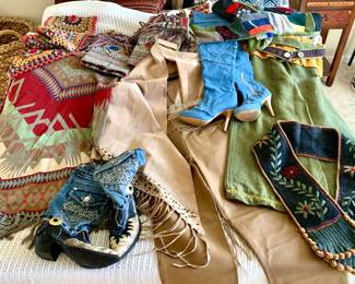 New Leather pants and Poncho, SoWest influenced Sundance skirt, Denim thigh high boots, all types of wonderful scarfs