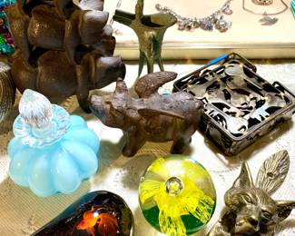 Paperweights, perfume bottle, handmade key blotter, triple cast iron pigs, cast iron flying pig