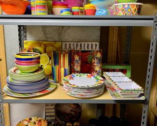 Colorful Plastic indoor/outdoor dishes and serving bowls -trays and tumblers-- all new or near new condition