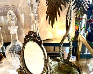 Decanters. Heavy ornate metal and mirror. Fabulous 2' heavy metal palm tree