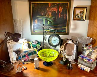 One of a kind oil painting. Murano yellow art glass bowl. Crystal pedestal nude stem tall art glass bowl. Nine West , never worn, wedge heels