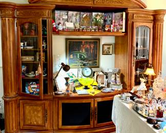 Large 3 piece wall unit solid wood-- absolutely in beautiful condition! Not showing well: Lynda Corneille Cat Vase and Dog Bowl. 9 West NIB colorful wedge heel shoes. Fabulous art glass wine goblets