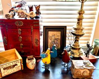 Lacquered Wood Jewelry Case- Tin Bird Decor. Etc...