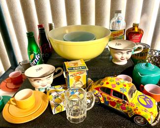 Pyrex colored bowls, Yum Yum Starbucks coffee cups, Vintage barware