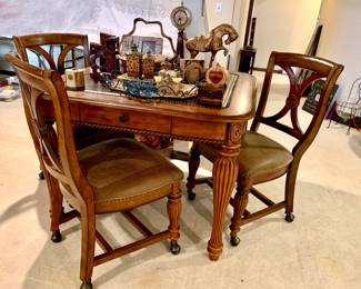 Wood game table with 4 leather seat chairs