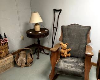 Antique Oak Mission Rocking Chair with Leather, Antique Teddy Bead, Antique Crutch, Federal Round Accent Claw Foot Table