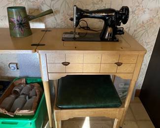 Singer sewing machine with MCM cabinet and stool