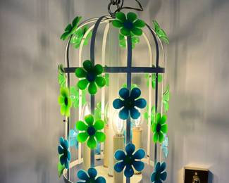 Groovy vintage floral birdcage light (lamp is hardwired so must be able to take down)