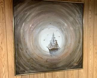 Mid-century painting on canvas of sailing ship in moonlight