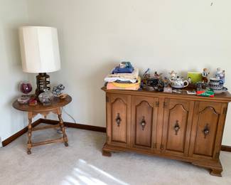 Maple cabinet & maple lamp table plus all sorts of decorative items