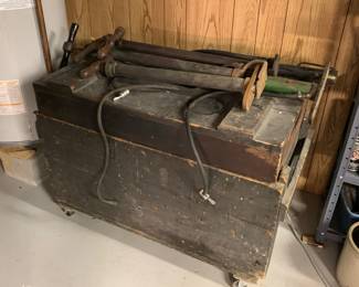 Wooden tool chest with carpenters tools