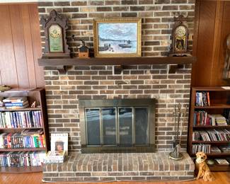 Antique shelf clocks, wooden coffee grinder, & pictures