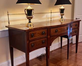 Beautiful Sideboard with Brass Railing and Pair of Brass Lamps