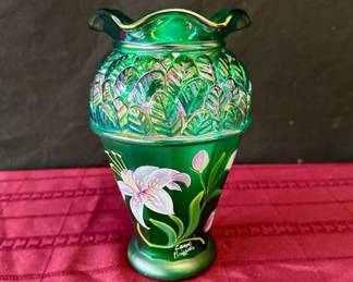 Fenton Iridized Emerald Green Designer Vase