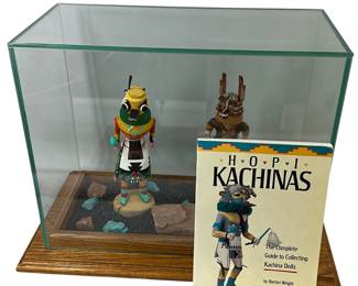2 Hopi Kachinas Dolls with Custom-Built Glass Covered Display with Turquoise and stones + Book