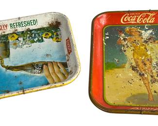 Antique Coca-Cola Coke Trays 1937 Pre-War Bathing Beauty & Fish Tail Logo Bottle Pansies