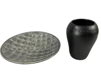 Bigmeat Cherokee Pottery Black Vase + Abstract Geometric Design Bowl