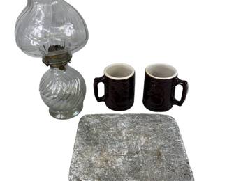 Swirled Glass Iridescent Oil Lamp + Burley Winter Stoneware Dutch Mugs & Primitive Foot Warmer Stone