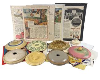 Crock & Cookie Jar Lids + Vintage Food Can Labels & Misc Magazines Ephemera