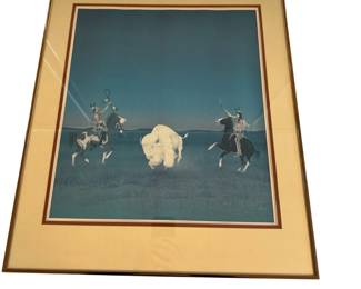 Printed Copy of 1981 Painting *White Buffalo Hunt by Paladine Roye Signed in White Pencil 229/650