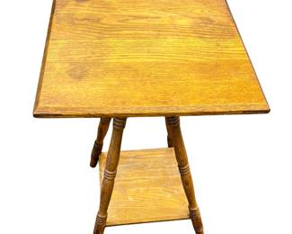 Small Solid Wood Antique Plant Stand End Table with Vintage Still Life Print in Ornate Frame Colonial-Primitive Style