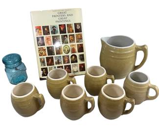 Stoneware Beer Pitcher & Barrel Mugs Salt Glazed Light Brown Golden Blue Ball Jar Glass Top + Art Book