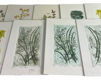 Group of Original Artwork Intaglio Prints Broccoli Celery Wild Grass Etchings S Hiner 1990 & 3 Book Plate Type Prints of Wild Flowers Shirley