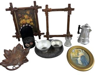 Eastlake Style Frames + Colonial Style Decor Primitive Graniteware Pan Oil Lamp & More