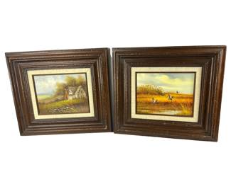 2 Small Paintings Landscape Barns Fields M Barringer & Mallards Ducks Taking Flight Hunting Landscape by Hendricks