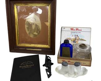 Portrait of 19th Century Man Top Hat + Antique Vintage Scale Latch Medicine Bottle & More