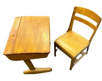 Hardwood and Steel School Desk & Chair Mid-Century Modern MCM Clean Design