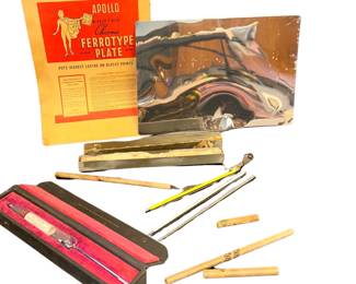 Scientific Thermometer Mercury Glass LOT: 3 12" + Pacometer in Cases + Ferrotype Plate for Photo Pro