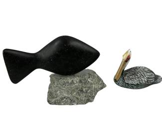 Stone Shaped into Fish on Rock Base + Hand Painted brown Belly Pelican