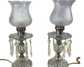 Pair of 2 Boopy Glass Base Crystal Drops Electric Budoir Lamps Etched Frosted Shades