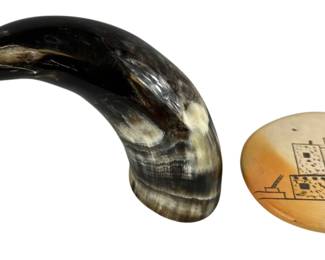 B Sahme Nampeyo Pottery Ornament + Real Horn Container with Plug Gun Powder ?