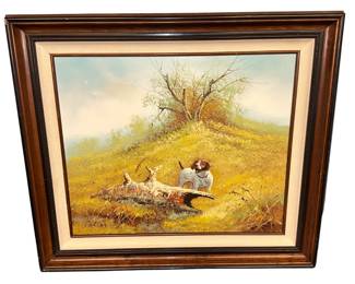 Oil Painting on Canvas Hunting Dog Pointer Tree Stump Landscape Signed Cotter