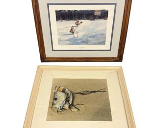 2 Framed Art Pieces Hunting Dog Men Winter Scene 160/200 Robert Hilty + Fish Head on Beach Sand