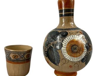 Mexico Mexican Pottery Lemus Hand Painted Deer Flowers Water Jug & Cup