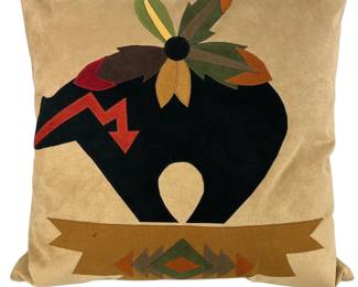 Suede Throw Pillow Patchwork Sewn Bear & Feather Design