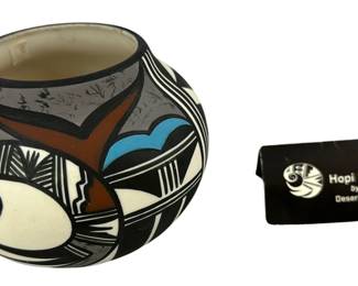 Hopi Bird Zuni Clay Pot Black White Brown Blue Design 3"