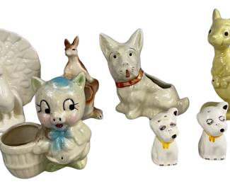 Ceramic Planters Salt Peppers Kangaroos Porky Pig Scotty Dog Peacock
