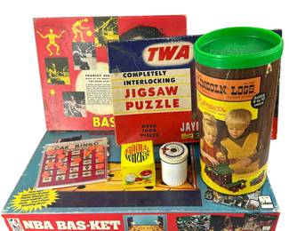 NBA Bas-Ket Miniature Game +Home Court Lincoln Logs Puzzle Tiddly Winks LOT