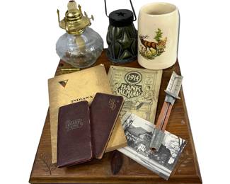 Wooden Lap Desk Lift Top + 1920s Diary Calendars 1914 Almanac Thermometer Deer Stag Mug Oil Lamp ++