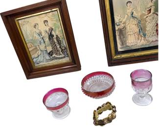 2 Antique Victorian French La Mode Ladies Fashion Prints Desgrange Framed Raspberry Flash Glassware