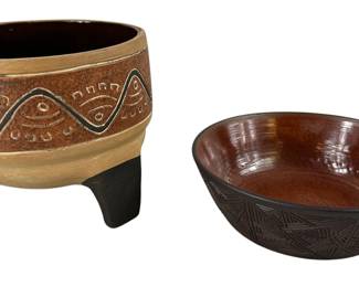 Six Nation Reserve Kanyengeh 1981 Geometric Decorated Glazed Bowl + Footed Bowl Unmarked