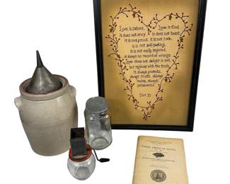 Handmade Sampler Embroidered Love is Patient 1Cor13 Crock Spice Grinder Jar Primitive Decor Vintage Antique Funnel