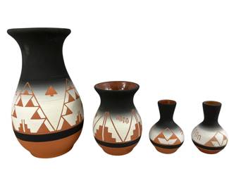 High Elk Sioux Signed Indian Pottery Terra Cotta Black White Painted 4 Pieces