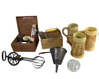 Yellow Ware Beer Steins + Misc Junk Drawer Flower Frogs Primitive Kitchen Egg Beaters